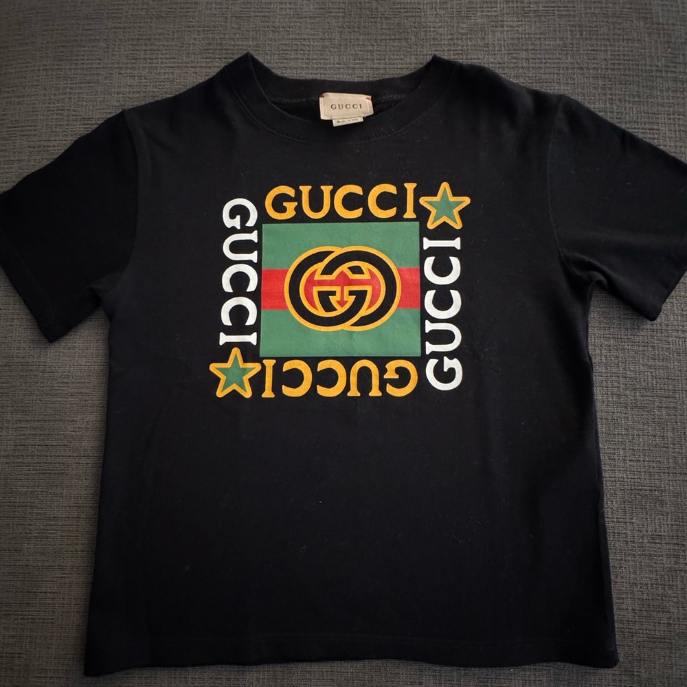 Gucci Kids Black Tee with Green and Red Logo